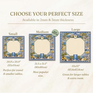May include: Image shows three square decorative tiles with a lemon and coastal design. Sizes are small (20.9 x 20.9 inches), medium (31.5 x 31.5 inches), and large (33 x 33 inches). The text reads "Choose Your Perfect Size" and "Available in 2mm & 3mm thickness."