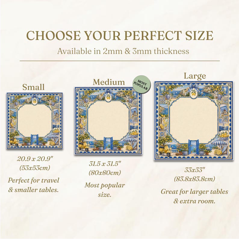 May include: Image shows three square decorative tiles with a lemon and coastal design. Sizes are small (20.9 x 20.9 inches), medium (31.5 x 31.5 inches), and large (33 x 33 inches). The text reads "Choose Your Perfect Size" and "Available in 2mm & 3mm thickness."