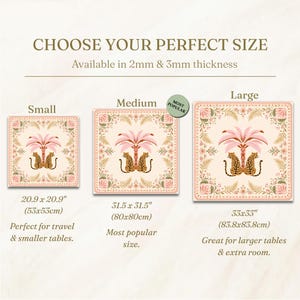 May include: A size guide for square mats featuring a leopard and palm tree design. Sizes include 20.9 x 20.9 inches, 31.5 x 31.5 inches, and 33 x 33 inches. The text reads CHOOSE YOUR PERFECT SIZE, Available in 2mm & 3mm thickness, Small, Medium, Large, and MOST POPULAR.