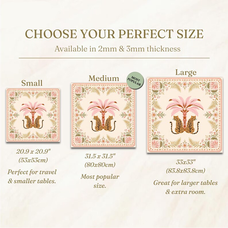 May include: A size guide for square mats featuring a leopard and palm tree design. Sizes include 20.9 x 20.9 inches, 31.5 x 31.5 inches, and 33 x 33 inches. The text reads CHOOSE YOUR PERFECT SIZE, Available in 2mm & 3mm thickness, Small, Medium, Large, and MOST POPULAR.