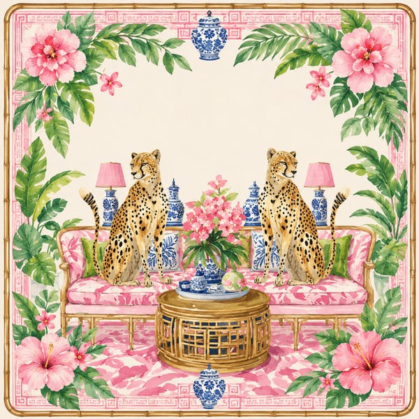 Palm Beach Cheetah Mahjong Mat, Pink Chinoiserie Mahjong Table Mat, Grandmillennial Leopard Decor, Tropical Coastal, Preppy Old Money Gift
