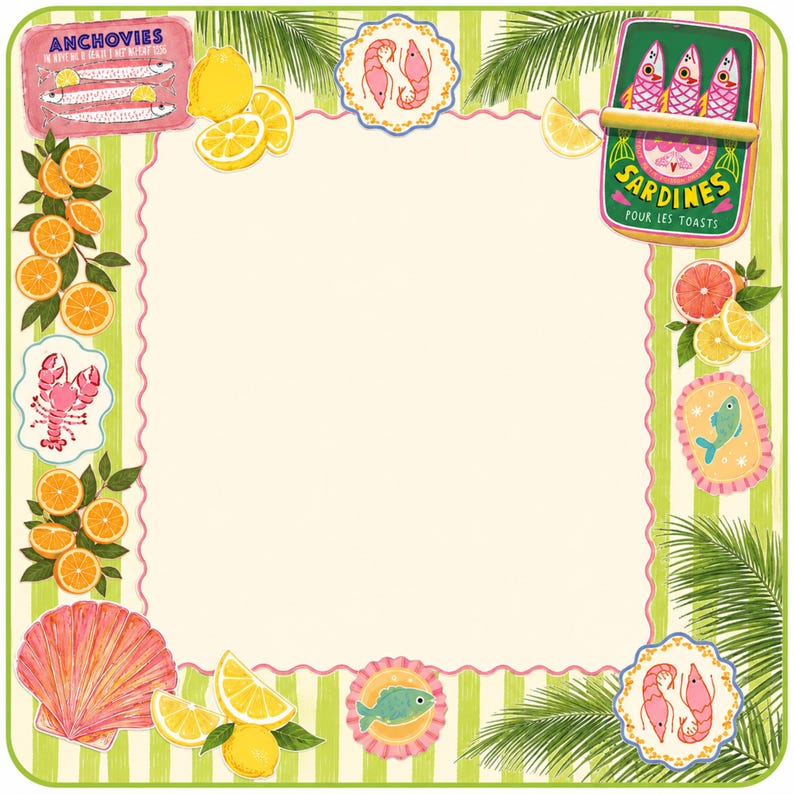 May include: A whimsical illustration with a cream-colored center framed by green and white stripes. The border features seafood, citrus fruits, and palm fronds. Includes a sardine can, shrimp, fish, lobster, lemons, and oranges.
