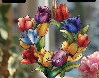 Attrape-soleil couronne de tulipes en acrylique fabriqué à la main, ornement de fenêtre floral coloré, décor reflet de la lumière du soleil