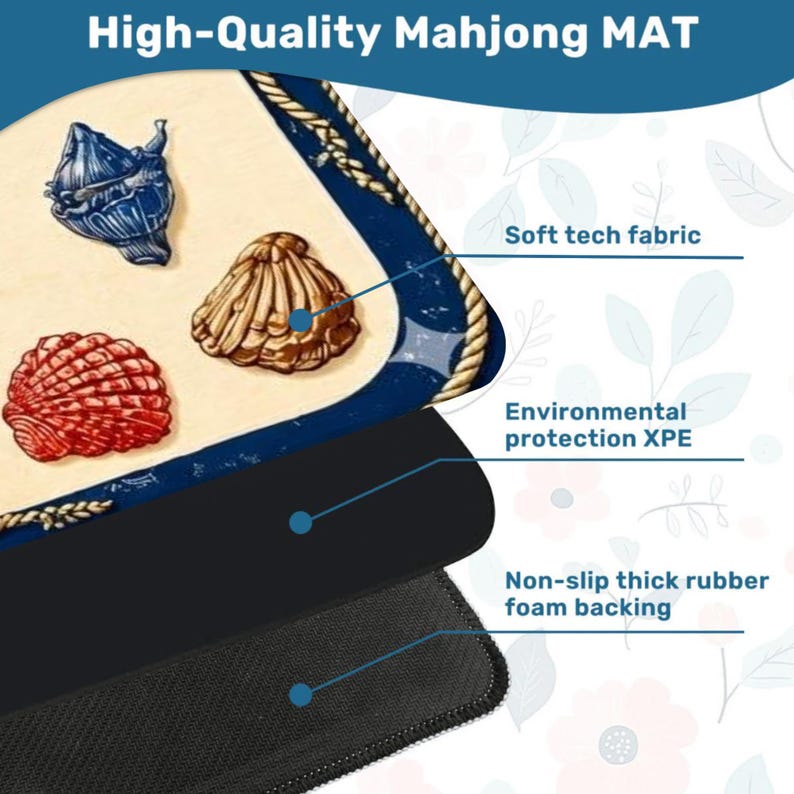 May include: A high-quality Mahjong mat with a nautical theme. The mat features a cream-colored surface with blue trim and rope detailing. Three seashell illustrations in red, gold, and blue are displayed. The mat has a soft tech fabric, environmental protection XPE, and a non-slip rubber foam backing.