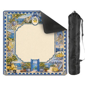 May include: A decorative yoga mat featuring a scenic Italian coastal design with lemons, a scooter, and a blue and white striped umbrella. The mat is rolled up in a black carrying bag.
