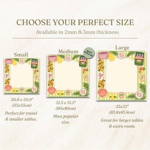 May include: Image showing three square placemats in different sizes: small (20.9 x 20.9 inches), medium (31.5 x 31.5 inches), and large (33 x 33 inches). Each placemat has a cream-colored center with a decorative border featuring lemons, shells, and sardines.