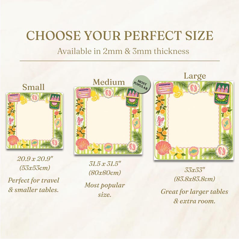 May include: Image showing three square placemats in different sizes: small (20.9 x 20.9 inches), medium (31.5 x 31.5 inches), and large (33 x 33 inches). Each placemat has a cream-colored center with a decorative border featuring lemons, shells, and sardines.