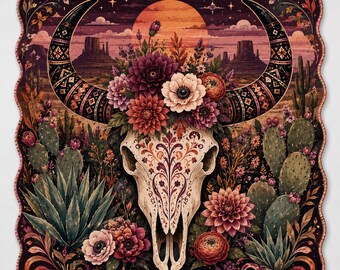 Tapis de mahjong Western Cow Skull, décoration bohème florale de nuit de chasse