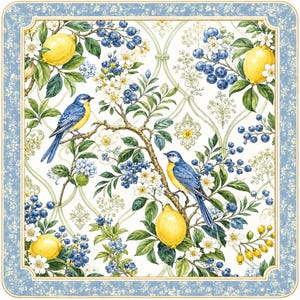 K&ouml;nnte beinhalten: Eine quadratische Dekorserviette mit einem botanischen Muster aus gelben Zitronen, blauen Beeren und wei&szlig;en Bl&uuml;ten auf wei&szlig;em Grund mit einem hellblauen Blumenrand. Zwei blau-gelbe V&ouml;gel sitzen auf Zweigen inmitten des Blattwerks.
