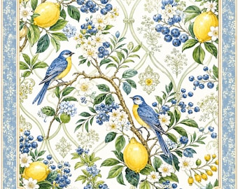 Tapis de mahjong Bluebird citron, tapis de jeu de jardin Cottagecore agrumes, housse de table florale botanique