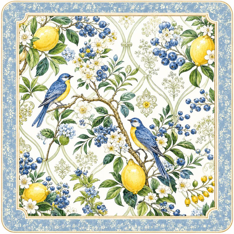 K&ouml;nnte beinhalten: Eine quadratische Dekorserviette mit einem botanischen Muster aus gelben Zitronen, blauen Beeren und wei&szlig;en Bl&uuml;ten auf wei&szlig;em Grund mit einem hellblauen Blumenrand. Zwei blau-gelbe V&ouml;gel sitzen auf Zweigen inmitten des Blattwerks.