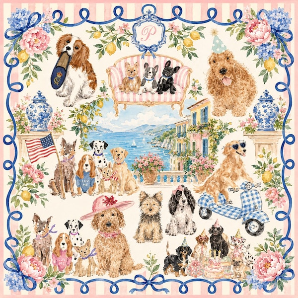 Dog Lover Mahjong Mat, Coastal Floral Puppy Game Table Cover
