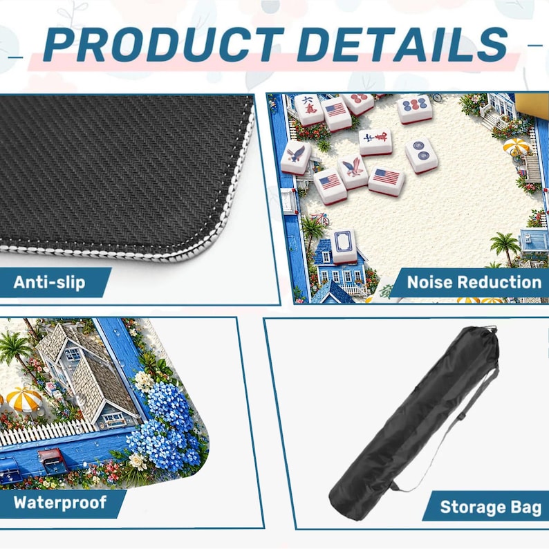 May include: A detailed image showcasing a Mahjong game set with a beach-themed design. The set includes tiles, a playing surface, and a black storage bag. Features include anti-slip, noise reduction, and waterproof properties. The text "PRODUCT DETAILS" is at the top.