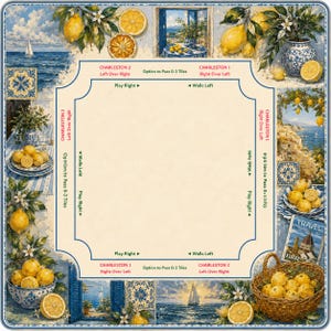 May include: A decorative square image with a coastal theme, featuring lemons, blue and white pottery, and scenic views of the sea. The image includes text that reads "CHARLESTON 2 Left Over Right" and "CHARLESTON 1 Right Over Left".
