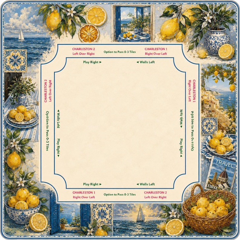 May include: A decorative square image with a coastal theme, featuring lemons, blue and white pottery, and scenic views of the sea. The image includes text that reads "CHARLESTON 2 Left Over Right" and "CHARLESTON 1 Right Over Left".