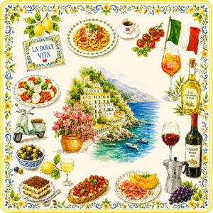 May include: A square decorative print featuring a watercolor collage of Italian themes including a coastal village, pasta, caprese salad, olives, tiramisu, bruschetta, prosciutto with melon, wine, an espresso cup, and a scooter, framed by a lemon border.