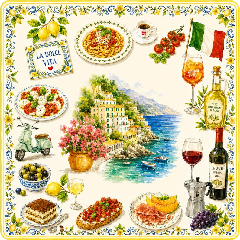 May include: A square decorative print featuring a watercolor collage of Italian themes including a coastal village, pasta, caprese salad, olives, tiramisu, bruschetta, prosciutto with melon, wine, an espresso cup, and a scooter, framed by a lemon border.