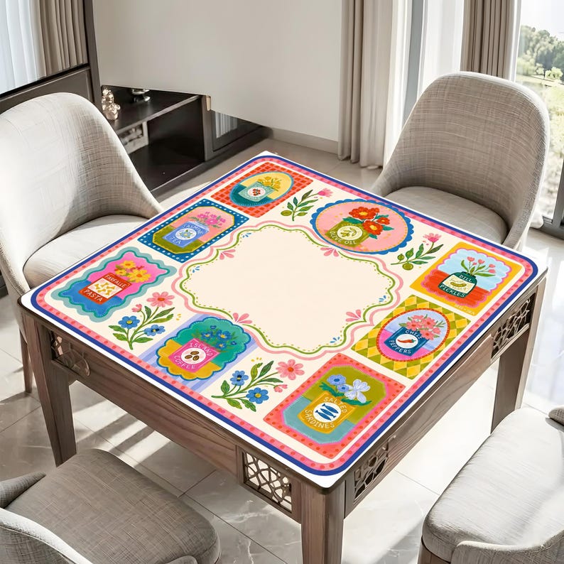 May include: A square tablecloth featuring a cream-colored center surrounded by a border of colorful rectangular and circular illustrations of food jars, including pasta, tea, olive oil, pickles, chili peppers, and sardines, accented with floral motifs.