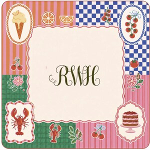 May include: Square decorative design with a cream-colored center and a scalloped edge. The design features various food illustrations, including ice cream, oranges, cherries, lobster, tomatoes, and cake. The initials "RWH" are in the center.