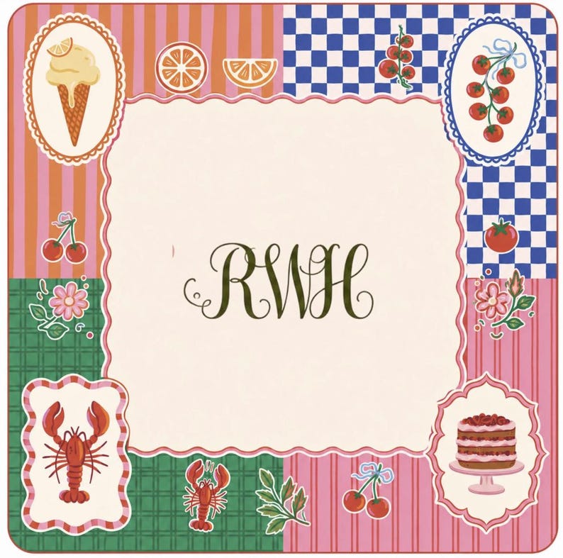May include: Square decorative design with a cream-colored center and a scalloped edge. The design features various food illustrations, including ice cream, oranges, cherries, lobster, tomatoes, and cake. The initials "RWH" are in the center.