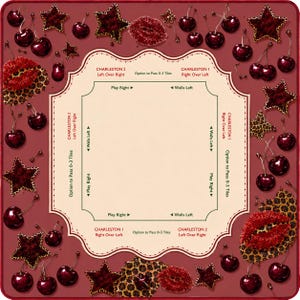 May include: A burgundy-coloured game board with a cream-coloured centre. The border features cherries, leopard print stars, and lips. Text includes "CHARLESTON 1" and "CHARLESTON 2" with directional prompts. A decorative and playful design.