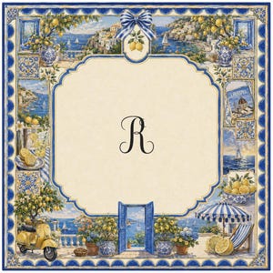 May include: Decorative square featuring a coastal Italian scene with lemons, a yellow scooter, and a blue and white striped umbrella. The border is blue with a scalloped edge. The letter "R" is in the center.