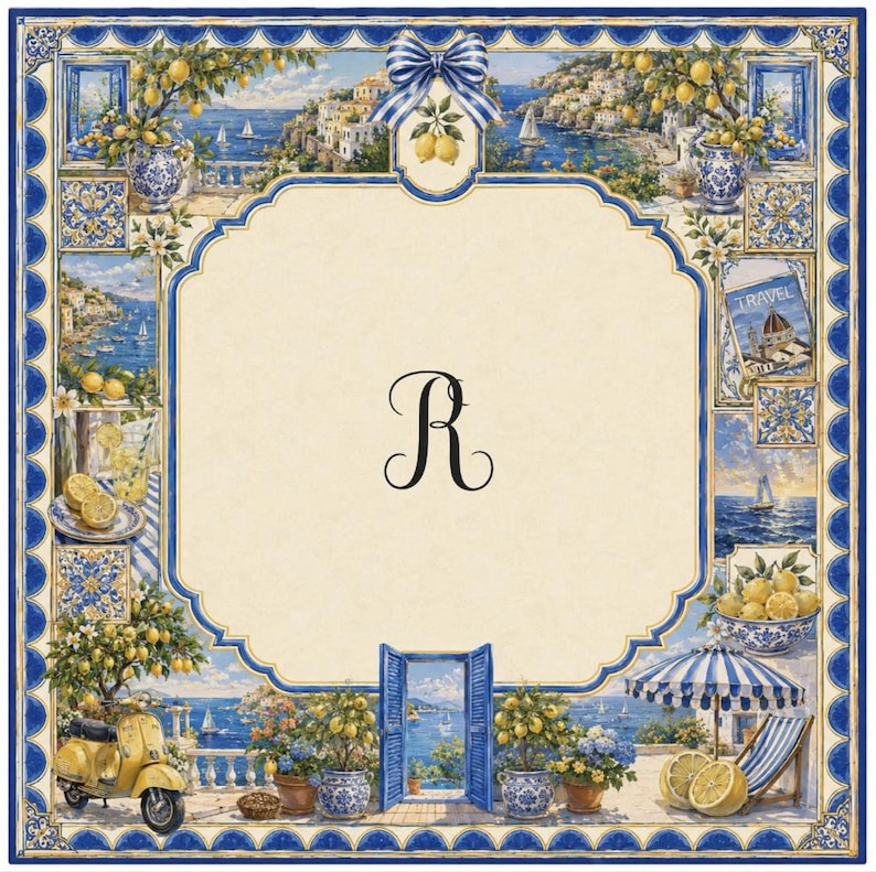 May include: Decorative square featuring a coastal Italian scene with lemons, a yellow scooter, and a blue and white striped umbrella. The border is blue with a scalloped edge. The letter "R" is in the center.