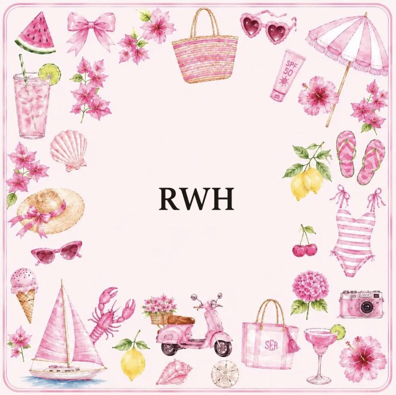Puede incluir: Un marco cuadrado con ilustraciones en acuarela de art&iacute;culos de verano en color rosa, incluyendo un velero, un scooter, bolsos, un traje de ba&ntilde;o, chanclas, gafas de sol, flores, frutas y una concha, rodeando el texto negro RWH centrado.