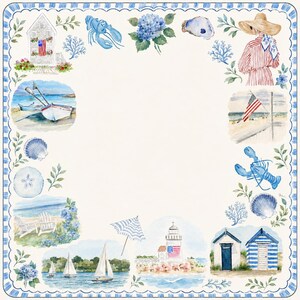 May include: A square decorative cloth featuring a blue and white striped border and a watercolor print of coastal scenes including a lighthouse, sailboats, beach huts, a person in a sun hat, lobsters, seashells, and American flags.