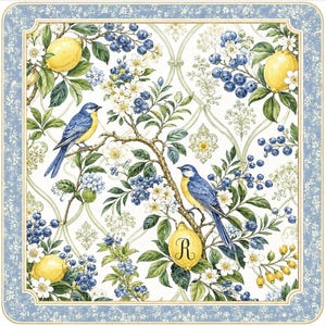 K&ouml;nnte beinhalten: Eine quadratische dekorative Serviette mit einem Muster aus gelben Zitronen, blauen Beeren, wei&szlig;en Bl&uuml;ten und zwei blau-gelben V&ouml;geln auf Zweigen. Eine gelbe Zitrone unten in der Mitte zeigt den Buchstaben R. Der Rand ist hellblau.