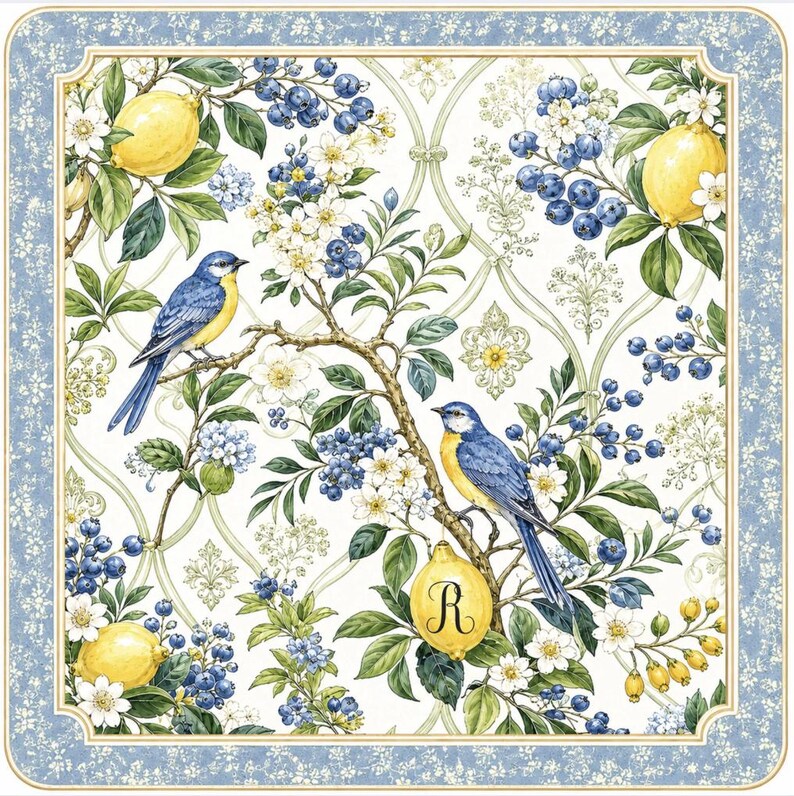 K&ouml;nnte beinhalten: Eine quadratische dekorative Serviette mit einem Muster aus gelben Zitronen, blauen Beeren, wei&szlig;en Bl&uuml;ten und zwei blau-gelben V&ouml;geln auf Zweigen. Eine gelbe Zitrone unten in der Mitte zeigt den Buchstaben R. Der Rand ist hellblau.