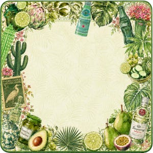 Puede incluir: Un collage decorativo con un fondo verde claro, con ilustraciones de acuarela de limas, alcachofas, un cactus, botellas de refrescos y ginebra, y hojas tropicales. Incluye un sello postal vintage del Parque Nacional de los Everglades.