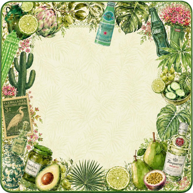 Puede incluir: Un collage decorativo con un fondo verde claro, con ilustraciones de acuarela de limas, alcachofas, un cactus, botellas de refrescos y ginebra, y hojas tropicales. Incluye un sello postal vintage del Parque Nacional de los Everglades.