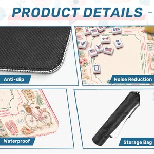 May include: A Mahjong mat featuring a beach-themed design with a bicycle, flip-flops, and shells. The mat has an anti-slip black rubber backing, provides noise reduction for tiles, is waterproof, and includes a black cylindrical storage bag.