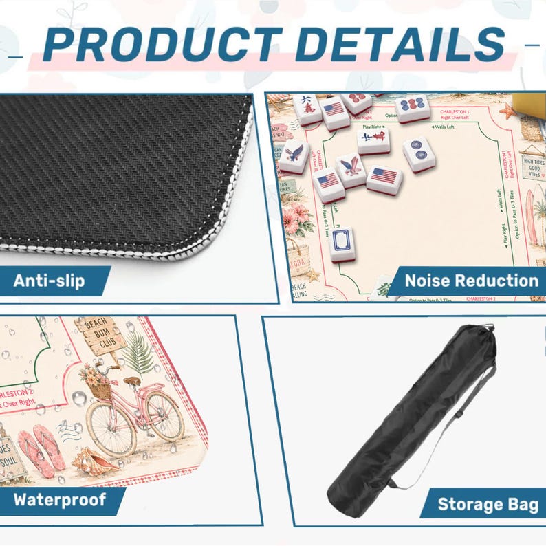 May include: A Mahjong mat featuring a beach-themed design with a bicycle, flip-flops, and shells. The mat has an anti-slip black rubber backing, provides noise reduction for tiles, is waterproof, and includes a black cylindrical storage bag.