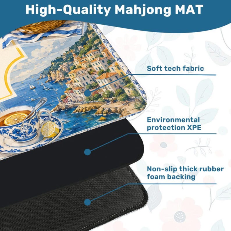 May include: A high-quality Mahjong mat with a coastal scene design featuring a teacup with a lemon slice. The mat has a soft tech fabric surface, environmental protection XPE, and a non-slip thick rubber foam backing.