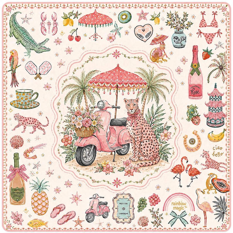 Pu&ograve; includere: Una stampa tessile quadrata con un'illustrazione centrale di uno scooter rosa e un leopardo sotto un ombrellone rosa, circondati da vari motivi tra cui una bottiglia di champagne, fenicotteri, un ananas, un pappagallo e il testo "ciao bello".