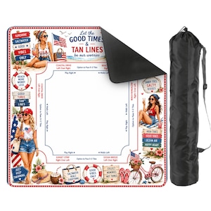 May include: A square game mat featuring a beach theme with illustrations of people, American flags, and text including Let the GOOD TIMES & TAN LINES be our worries. The mat has a white center with game instructions and a black carrying bag.
