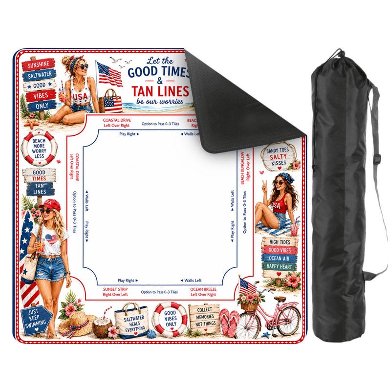 May include: A square game mat featuring a beach theme with illustrations of people, American flags, and text including Let the GOOD TIMES & TAN LINES be our worries. The mat has a white center with game instructions and a black carrying bag.