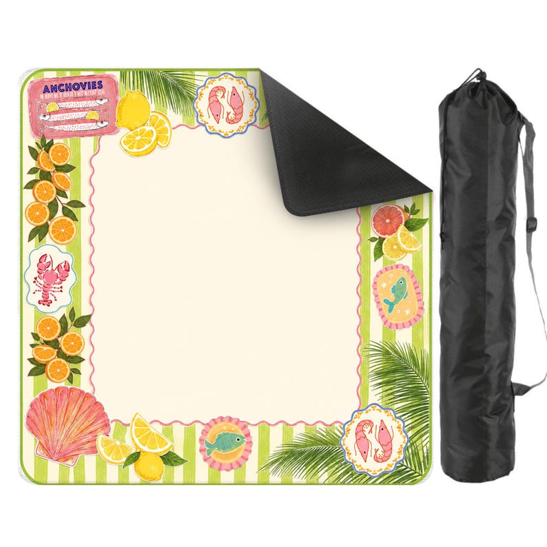 May include: A picnic blanket with a cream-colored center, green and white striped border, and decorative illustrations of seafood, citrus fruits, and palm fronds. The blanket includes a black carrying case for easy transport.