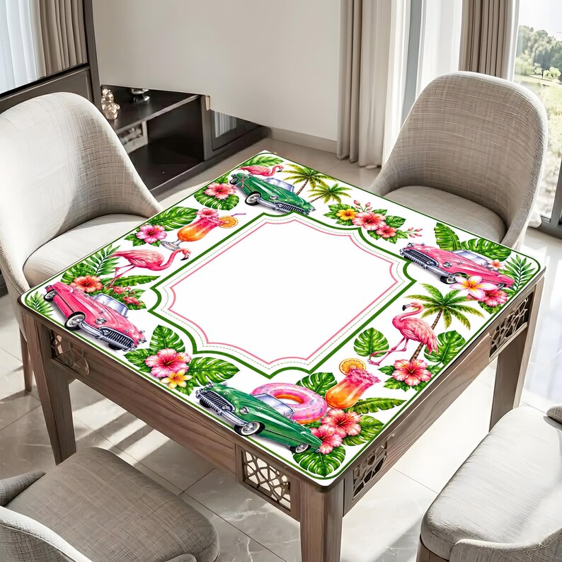 Tappetino da Mahjong con fenicotteri tropicali, decorazione retrò per tavolo da cocktail, accessorio per feste a tema costiero immagine 3