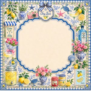 Puede incluir: Un marco decorativo con un tema floral y de lim&oacute;n azul y blanco. El marco incluye ilustraciones de limones, flores, c&oacute;cteles y una c&aacute;mara rosa. El texto "Tiny Louis" se muestra en una etiqueta.