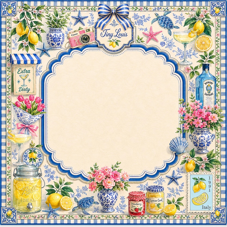 Puede incluir: Un marco decorativo con un tema floral y de lim&oacute;n azul y blanco. El marco incluye ilustraciones de limones, flores, c&oacute;cteles y una c&aacute;mara rosa. El texto "Tiny Louis" se muestra en una etiqueta.
