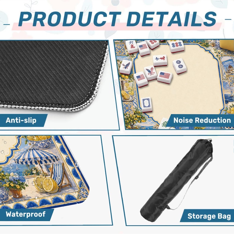 May include: Product details image. The image shows a close-up of a black anti-slip mat with white stitching, a colorful game board with tiles, and a black storage bag. The game board is waterproof and designed for noise reduction.