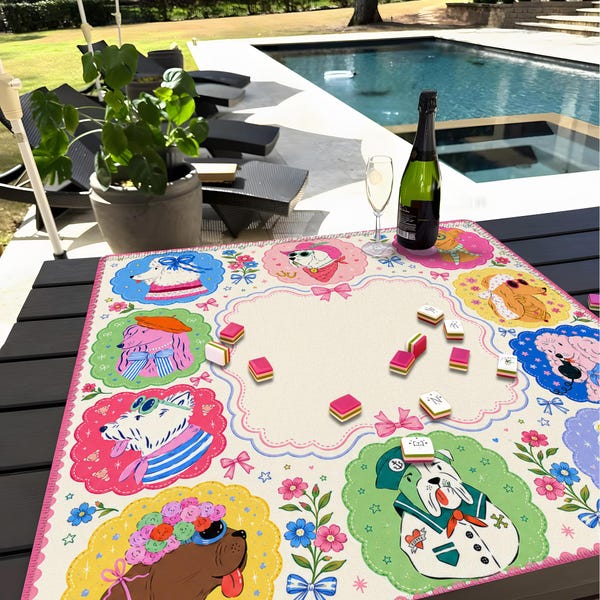 Dog Lover Mahjong Mat, Preppy Puppy Illustration Game Table Cover