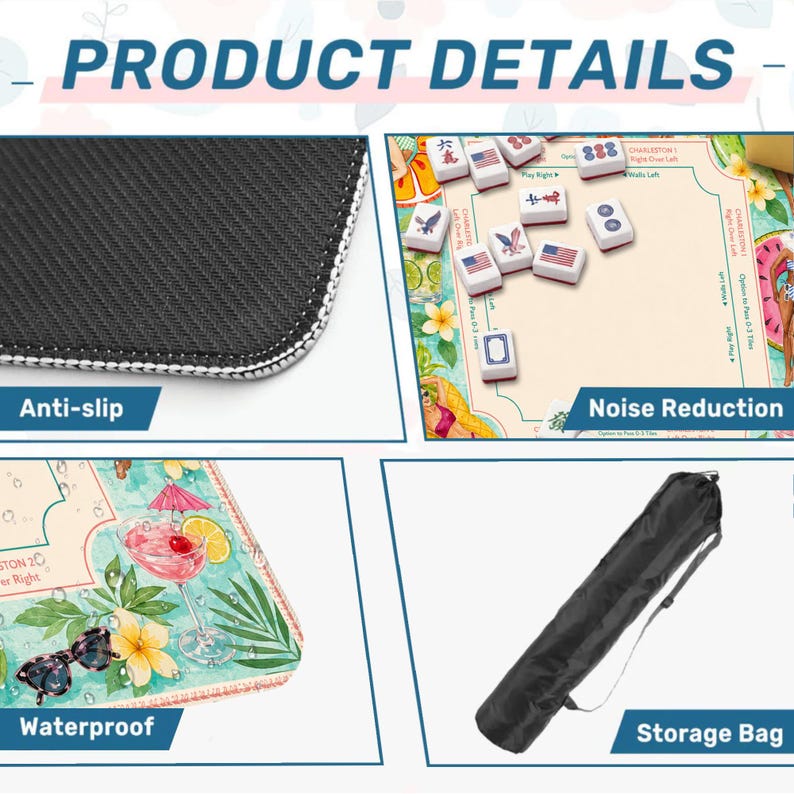 Op de afbeelding: Productdetails afbeelding met een antislip oppervlak, een Mahjong-spel met tegels, een waterdicht oppervlak met een cocktail en een opbergtas. De afbeelding bevat de tekst "PRODUCT DETAILS", "Anti-slip", "Noise Reduction", "Waterproof" en "Storage Bag".