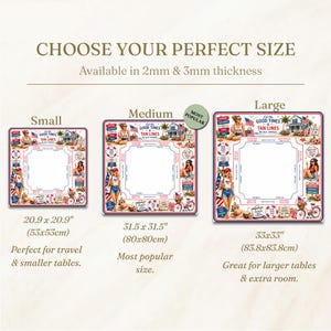May include: Three square table covers with a beach theme, featuring the text 'Let the GOOD TIMES & TAN LINES be our worries'. Sizes include 20.9 x 20.9 inches, 31.5 x 31.5 inches, and 33 x 33 inches. Available in 2mm and 3mm thickness options.