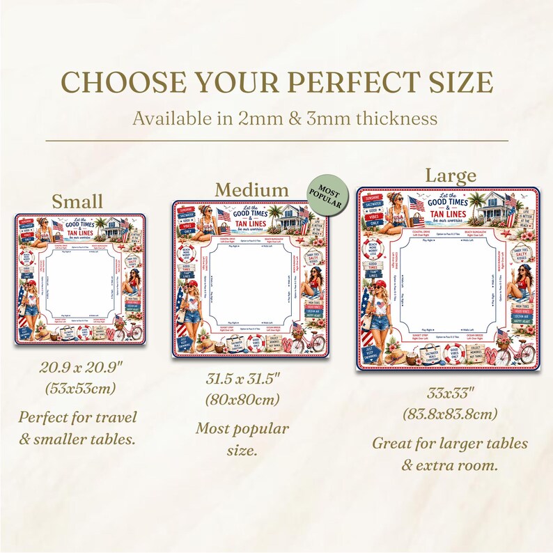 May include: Three square table covers with a beach theme, featuring the text 'Let the GOOD TIMES & TAN LINES be our worries'. Sizes include 20.9 x 20.9 inches, 31.5 x 31.5 inches, and 33 x 33 inches. Available in 2mm and 3mm thickness options.