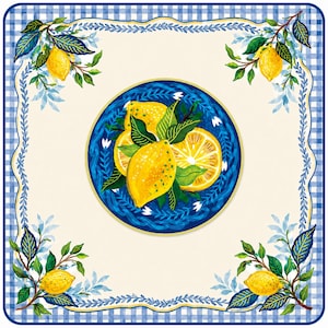 May include: Square decorative cloth with a blue and white gingham border. The center features a blue plate with lemons and green leaves. Lemon branches with yellow fruit and green leaves are in each corner.