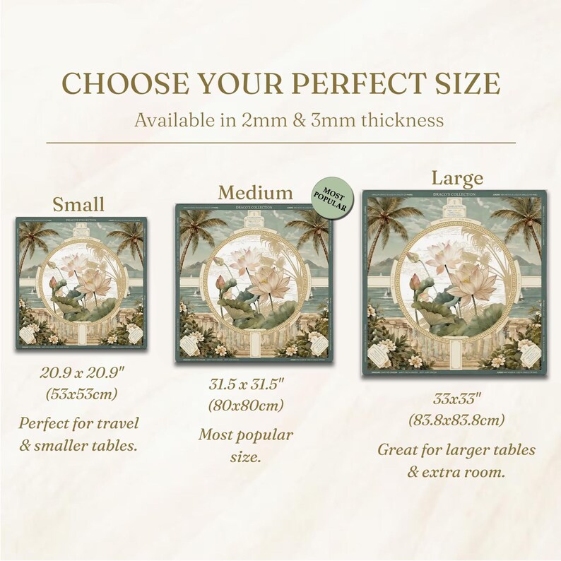 May include: A square table mat featuring a lotus flower illustration in a circular frame with palm trees and a coastal landscape. Text includes CHOOSE YOUR PERFECT SIZE, Available in 2mm & 3mm thickness, Small 53x53cm, Medium 80x80cm, and Large 83.8x83.8cm.
